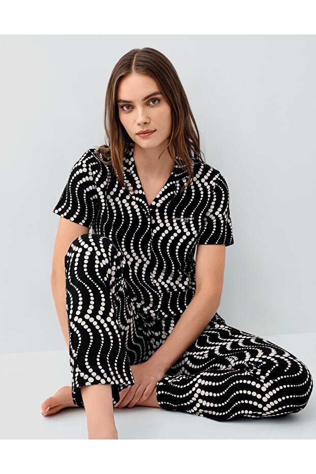 Women's black patterned pajama set – 50% cotton 50% modal, short sleeve shirt collar top & long bottom with pockets