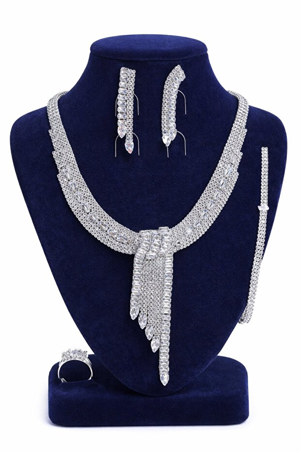 Silver Color Stone Detailed 4-Piece Evening Dress/Wedding Set