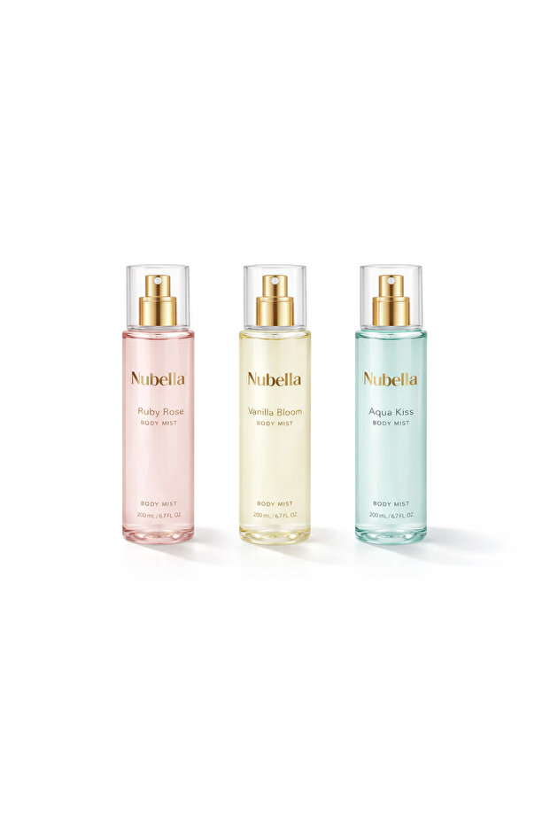 nubella 3’lü Vücut Spreyi Seti 200 ML – Kalıcı Koku | Vanilla Bloom – Aqua Kiss – Ruby Rose