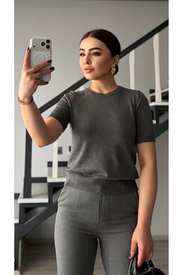 Füme Melanj Kısa Kol Basic Triko Bluz - 4