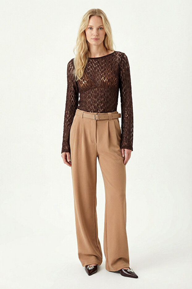 Belted Wide Leg Stretch Knit Pants Lzv0045 Biscuit