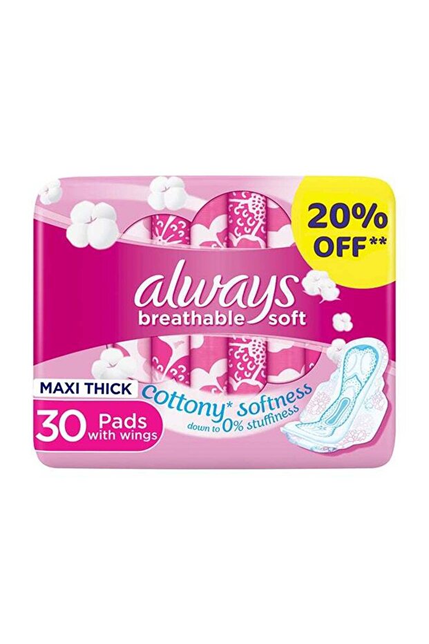 Breathable Soft Maxi Thick, Large Sanitary Pads With Wings, 30 Pieces