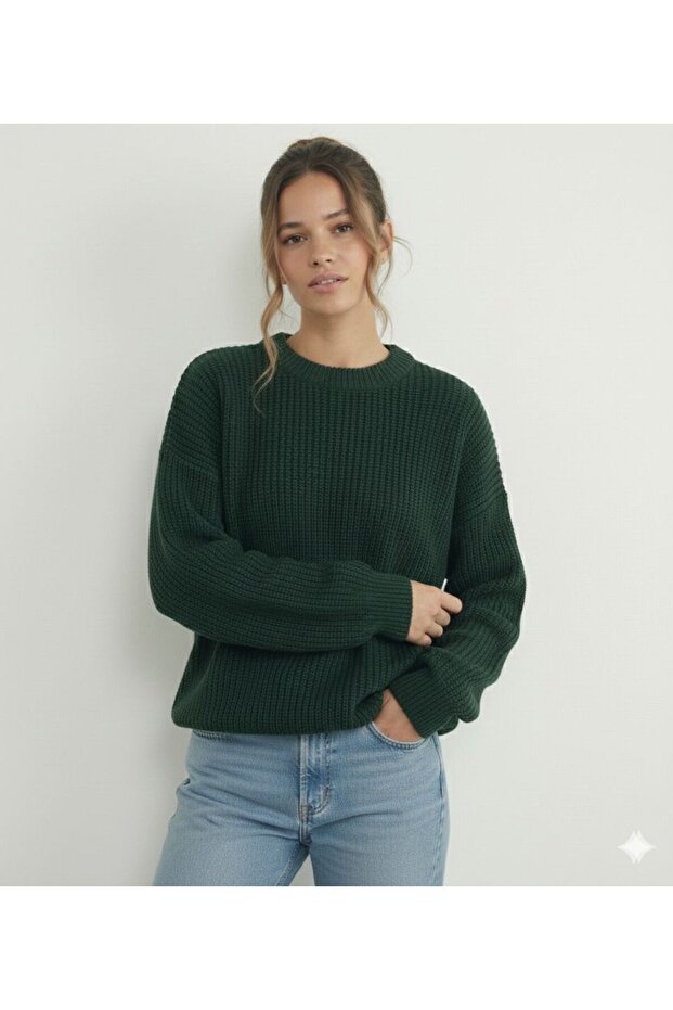 Nefti Green Crew Neck Oversized Women's Knitwear Knitted Sweater