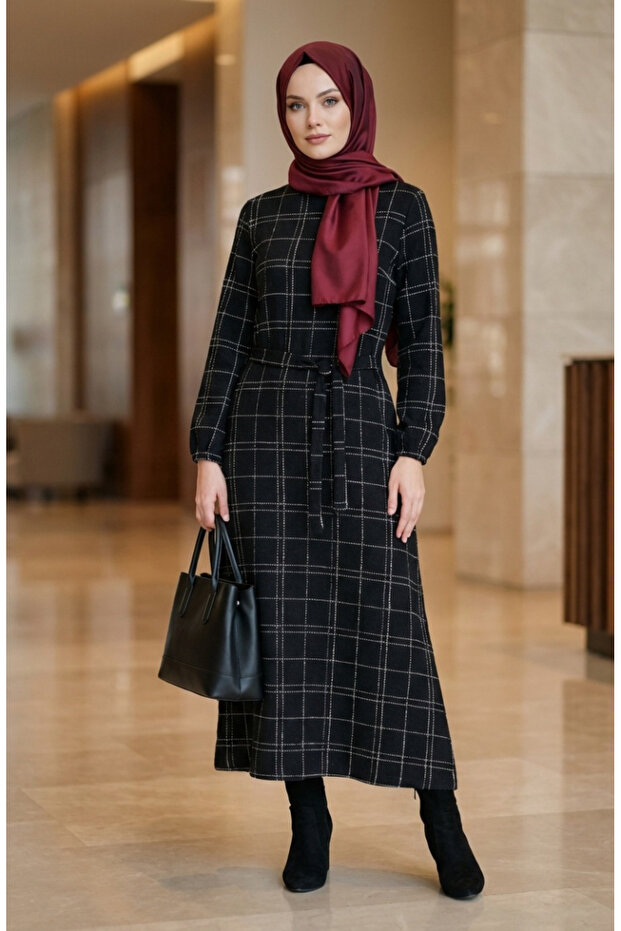 Striped Belted Sleeve Elasticated Winter Dress 2505-04 Black