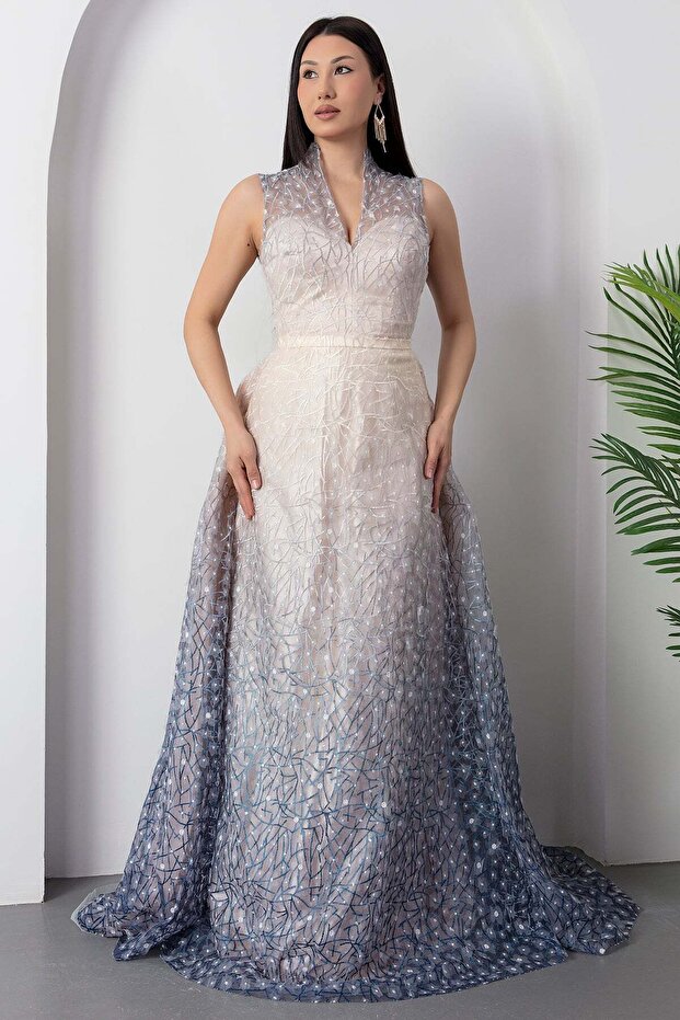 V Yaka Gloplu Tül Elbise 5080 - 1