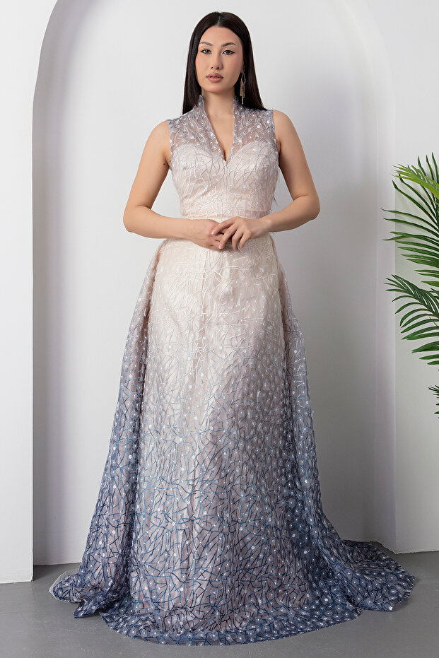 V Yaka Gloplu Tül Elbise 5080 - 4