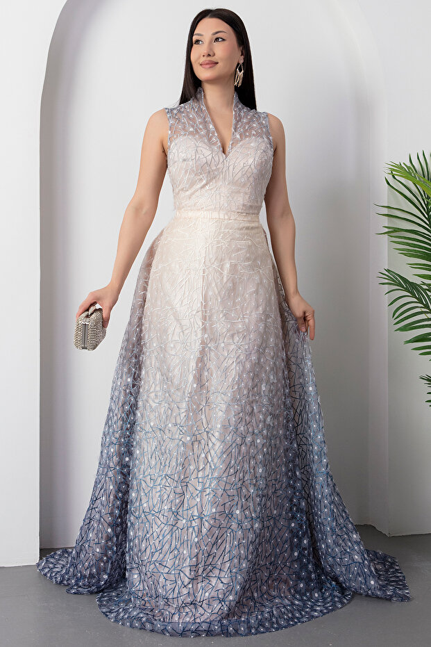 V Yaka Gloplu Tül Elbise 5080 - 5