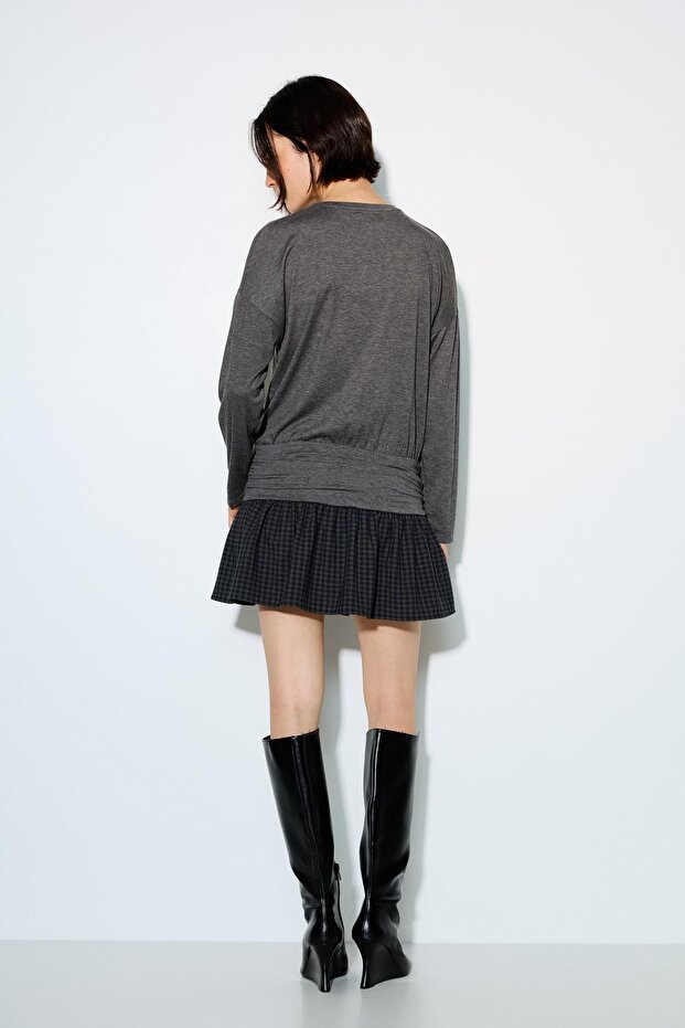 Kareli kombine kısa elbise - 5