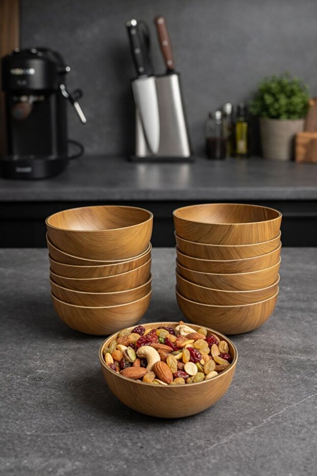 12-Piece Acacia Look Mini Round Bowl Snack & Breakfast Set - Natural, Stylish, and Functional
