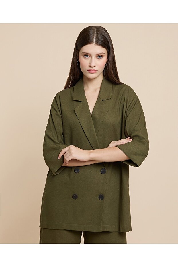 Solid Double Breasted Blazer with Long Sleeves - 4