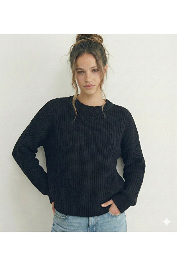 Black Crew Neck Oversized Women's Knitwear Knitted Sweater