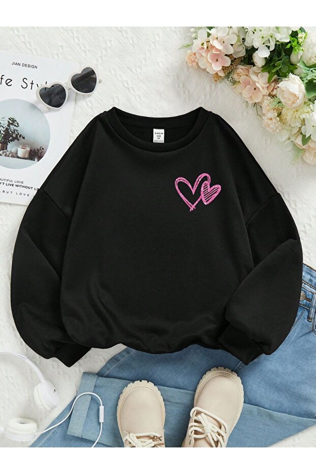 Pink Double Heart Printed Girls Winter Children's Sweatshirt Black