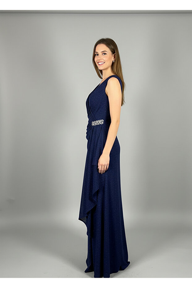 Taş detaylı drapeli elbise - 4