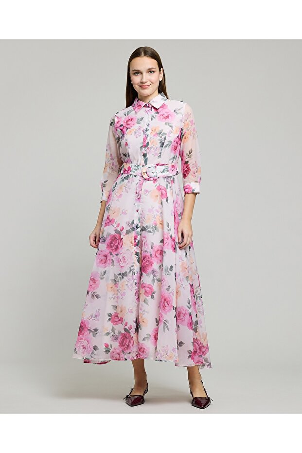 Floral Print Shirt Dress with 3/4 Sleeves