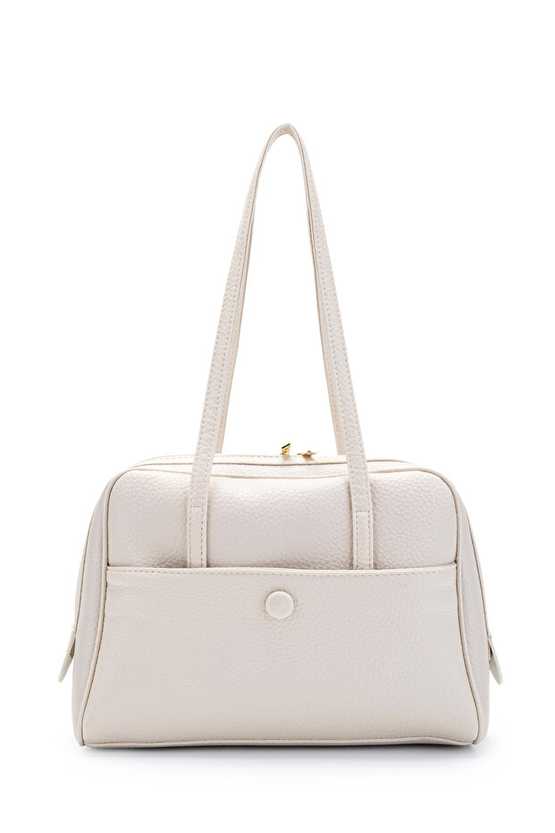 Leather Rocky Women's Shoulder Bag with Front Pocket Detail Cream