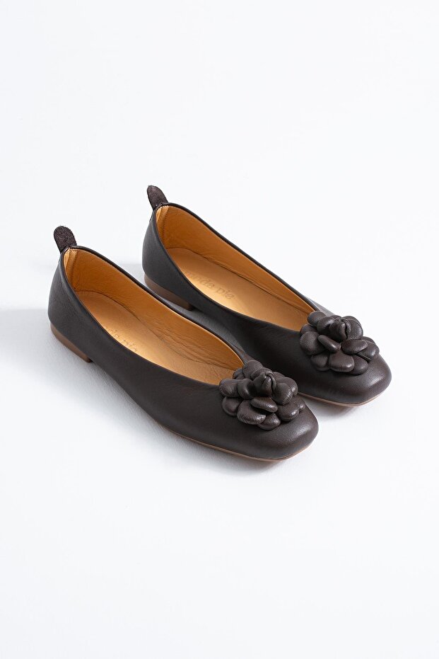 Tenseder Rose Bow Genuine Leather Women's Ballerinas Brown Skin