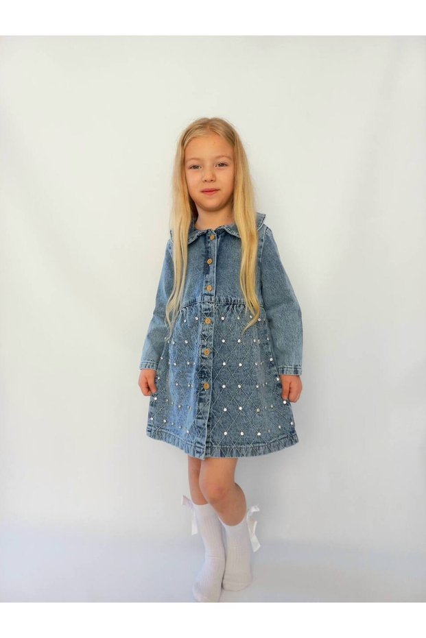 Girl's Pearl Shiny Stone Detailed Holiday Denim Dress