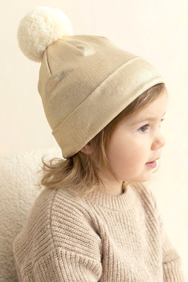 Gold Foil Printed Cream Pompom Double Layer Lycra Combed Cotton Beret