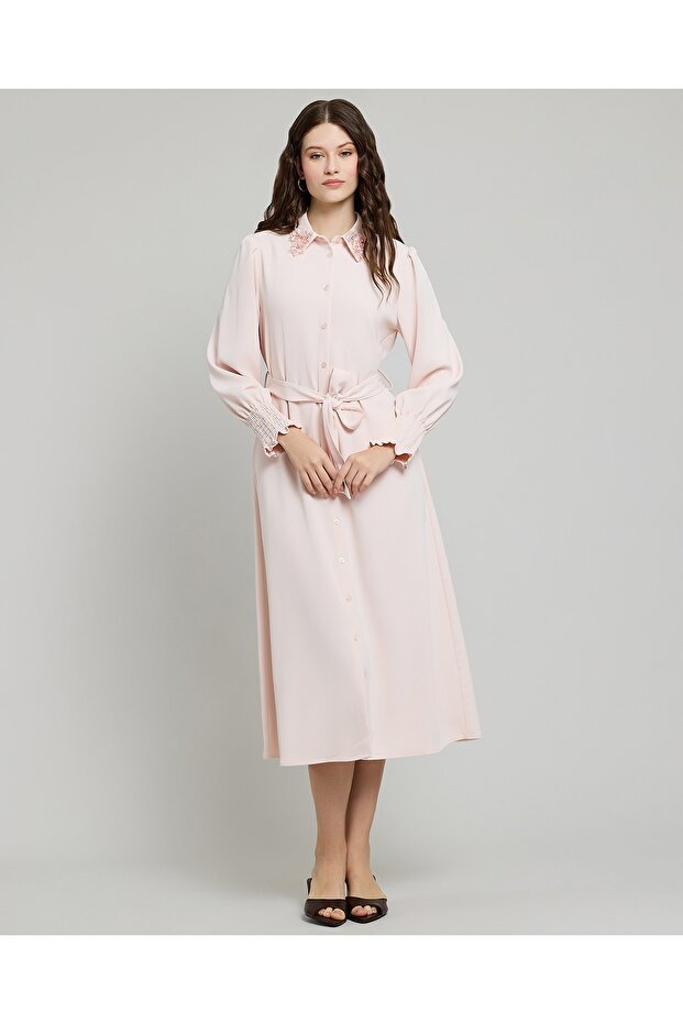 Embellished Collar Shirt Dress with Puff Sleeves