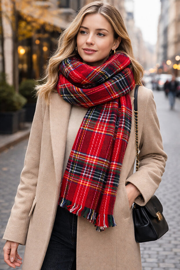 Scottish Red Detailed Scarf / Shawl Atk031225
