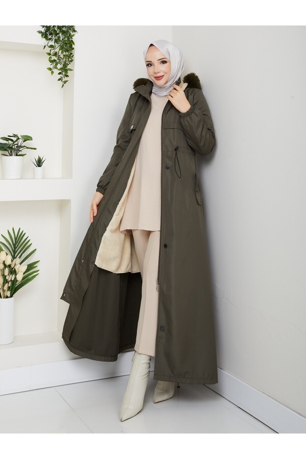 Full Length Fur Lined Elastic Waist K Hooded Coat Mde1405002