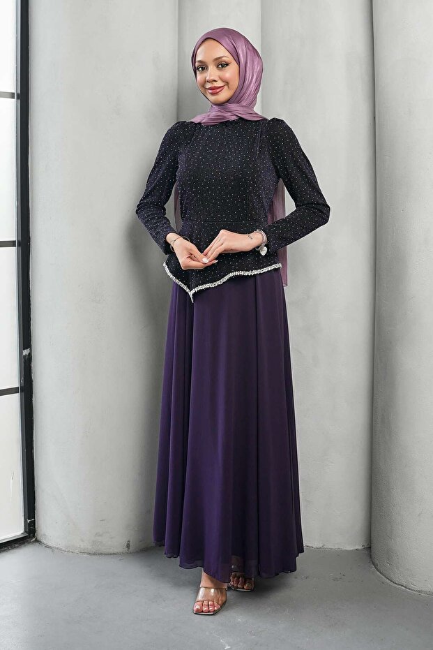 Purple Stone Detailed Design Evening Dress