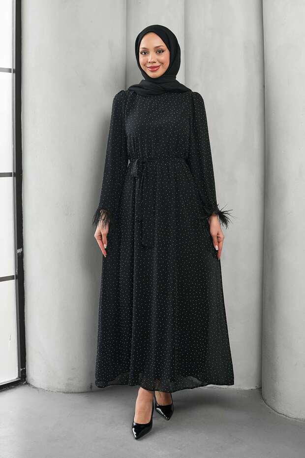 Black Spliced Stone Detail Evening Dress with Tug