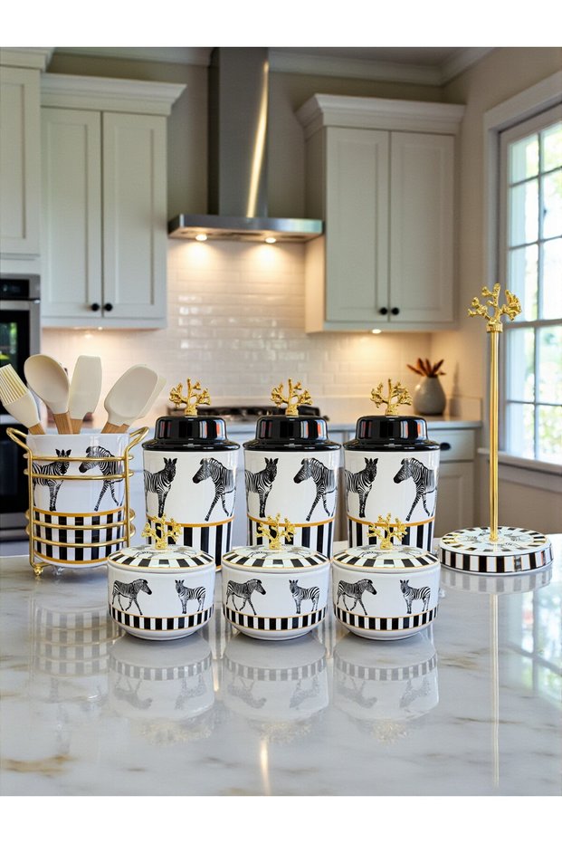 Kitchen Dowry Set 104 Breakfast Utensils Spice Rack Spoon Holder Towel Holder Dark Zebra Horse Pattern Gold - Feray Home