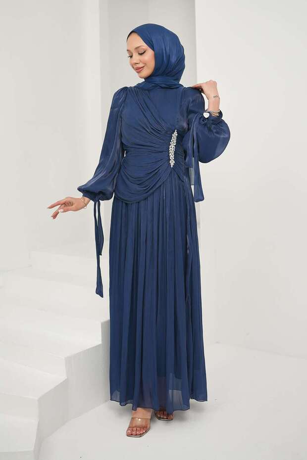 Navy Blue Evening Dress with Stone Detail on the Front and Tie-Up Sleeves