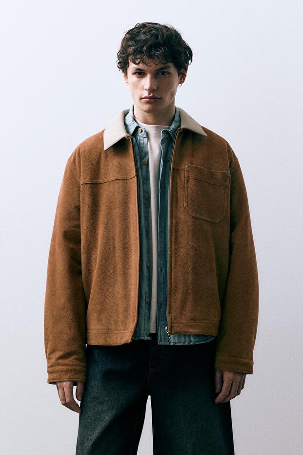 Kontrast yakalı suni süet ceket - 2