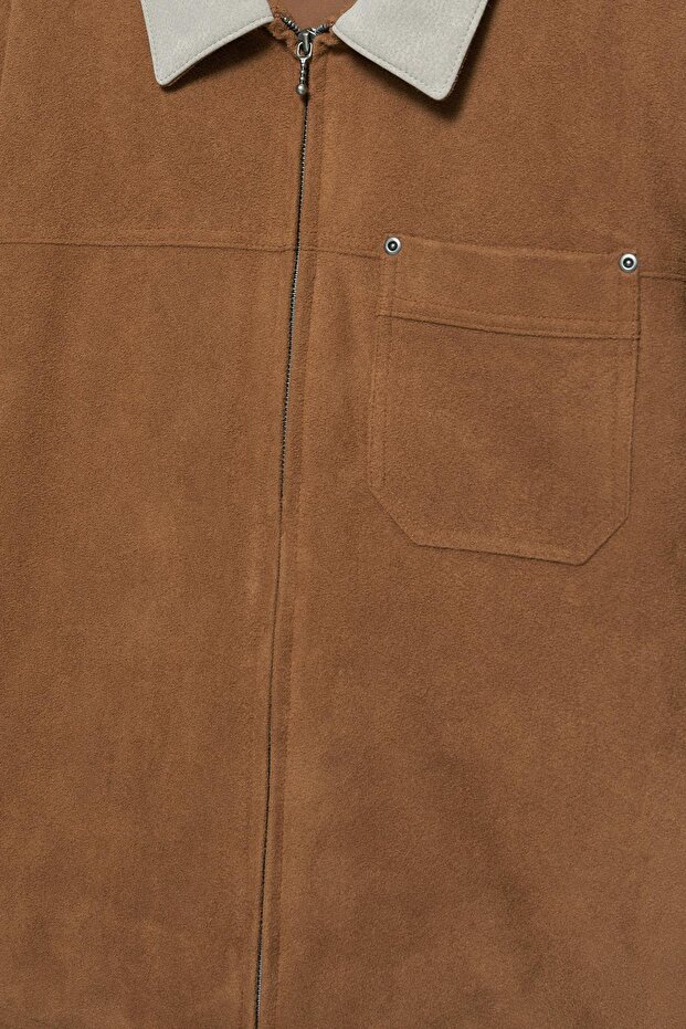 Kontrast yakalı suni süet ceket - 6