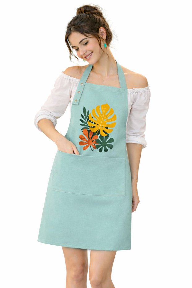 Fabric Kitchen Apron Stain Resistant Water Repellent Fabric Colorfast Print Monstera Potted Plants Floral Mint Apron