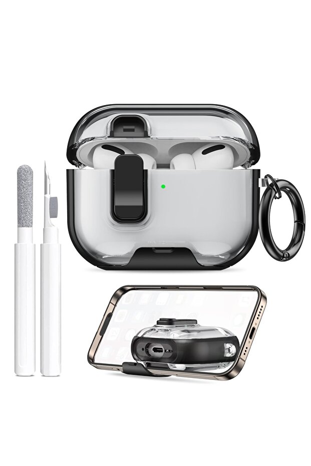 AirPods Pro 3 Case with Phone Stand &Cleaner Kit Protective Cover| TPU + PC Hybrid Cover- Black