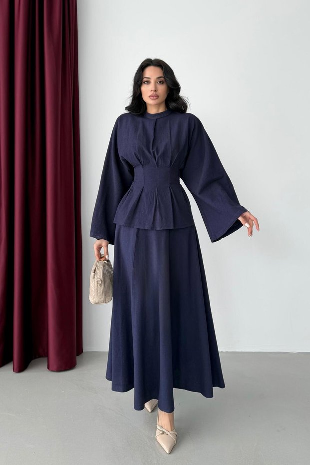 Navy Blue Waist-Tied Blouse and Skirt Set with Tie Back