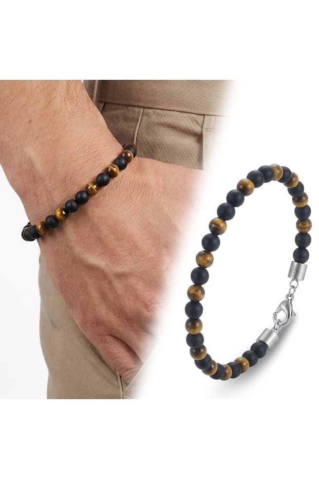 Adjustable Steel Chain Bracelet with Tiger's Eye and Onyx Natural Stones 31832B10D2