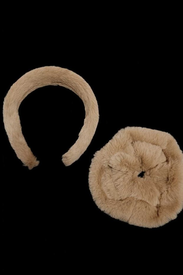 Plush Hair Band and Bun Clip Set Beige – Children's Soft Warm Look