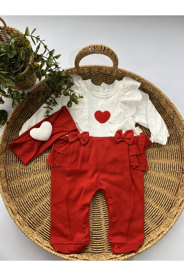 Lovmi Baby Hearted Ruffled Bandana Baby Girl Jumpsuit