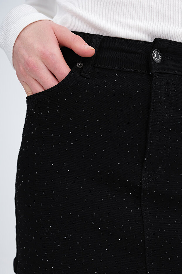 Taşlı Denim Mini Etek E1043 - 3