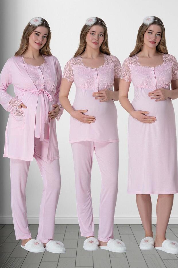 Mecit 6062 Pink Dressing Gown Nightgown Pajamas Maternity Set