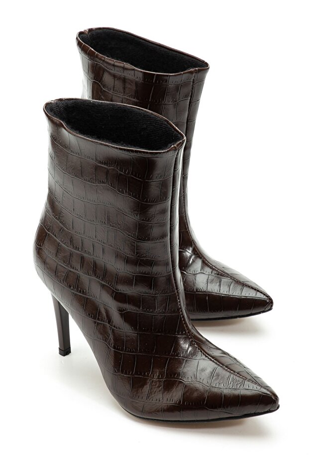 Zri̇n-4803 Premium Brown Crocodile Pointed Toe Thin Heel Daily Women's Boots