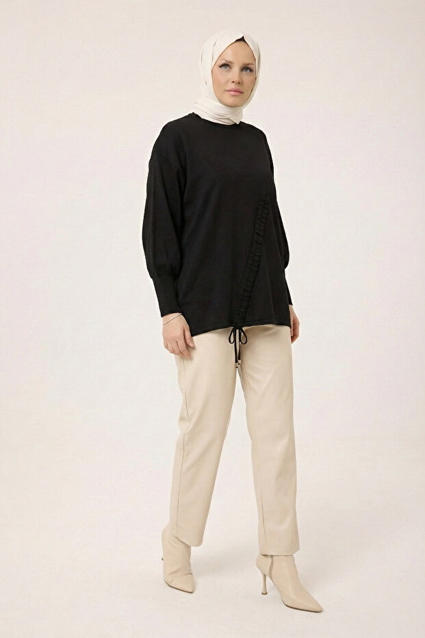 44199 - Stylish Comfortable Rayonelit Women's Long Flowy Slim Knit Sweater with Cross Drawstring Design