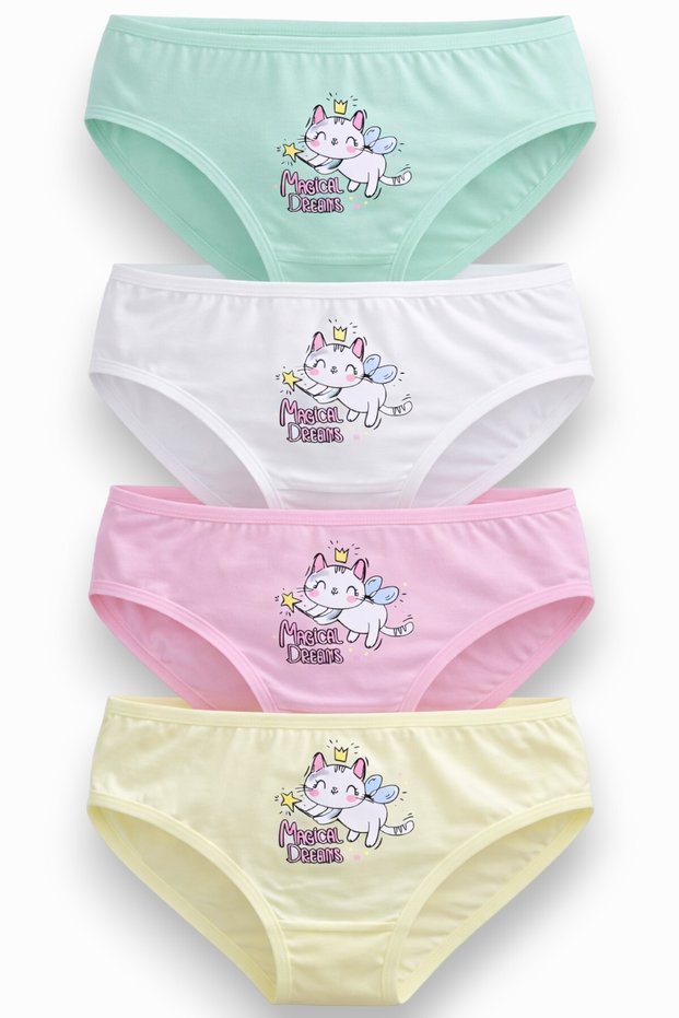 Girl's Cotton Panties, Pack of 4, Cute Patterned, Soft Waistband, Elastic, Breathable Fabric, Clear