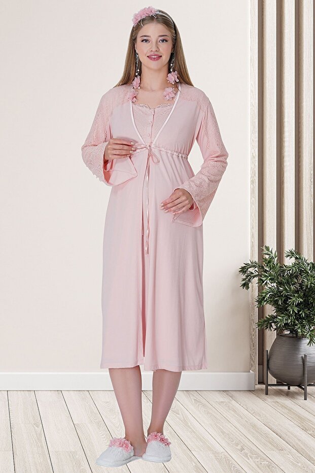 Mecit 5715 Powder Maternity Nightgown Set with Dressing Gown
