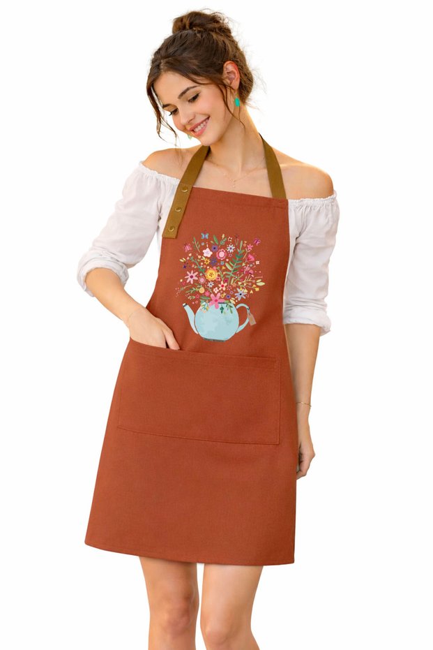 Fabric Kitchen Apron Stain Resistant Water Repellent Fabric Colorfast Print Teapot Floral Orange Apron