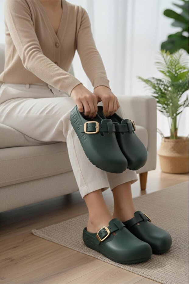 Lovi Women's Gold Buckle Geometric Patterned Comfort Clog Women's Slippers Luxury Design