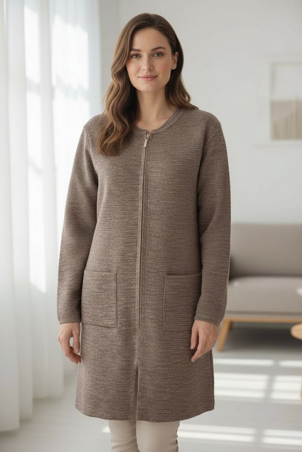 Plus Size Long Knitwear Cardigan with Pockets, Full Zipper, Crew Neck, Casual Wave Pattern