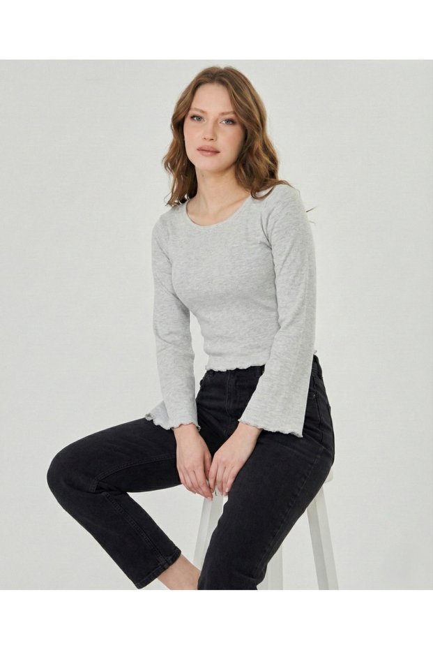 Women's Round Neck, Sleeves and Skirt Overlock Detailed Ribbed Knit Long Sleeve Blouse