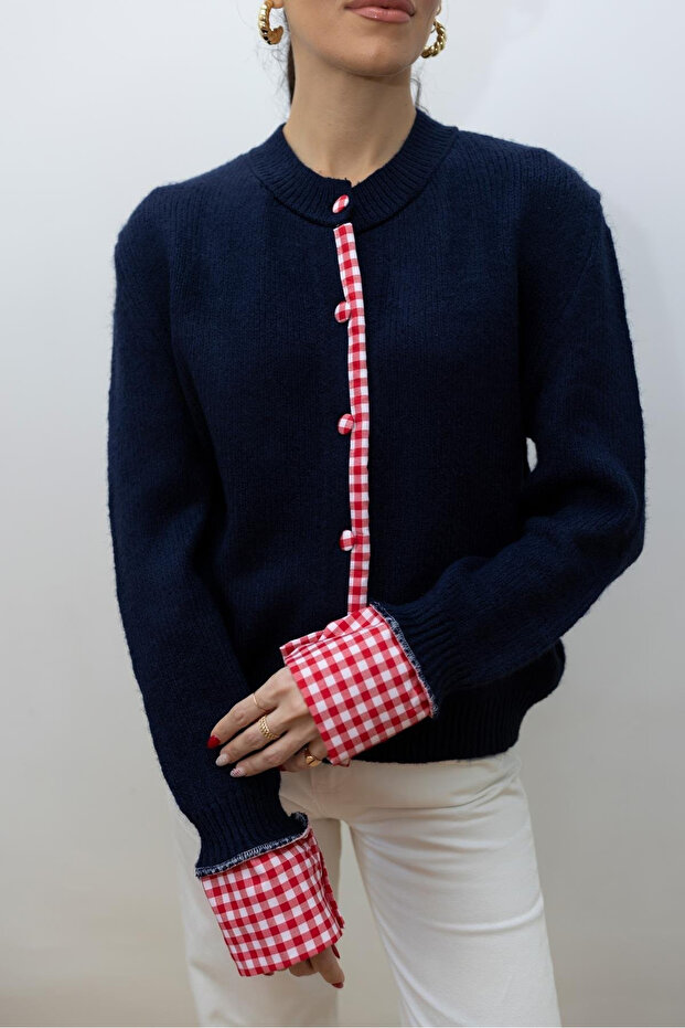 Navy Blue Gingham Detailed Knit Cardigan - 251082