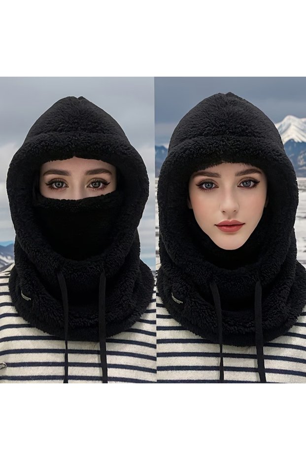 Black Thermal Fleece Face Protective Beanie