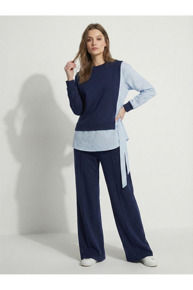 Women's Navy Blue Side Tie Striped Shirt Detailed Sports Suit Nj45